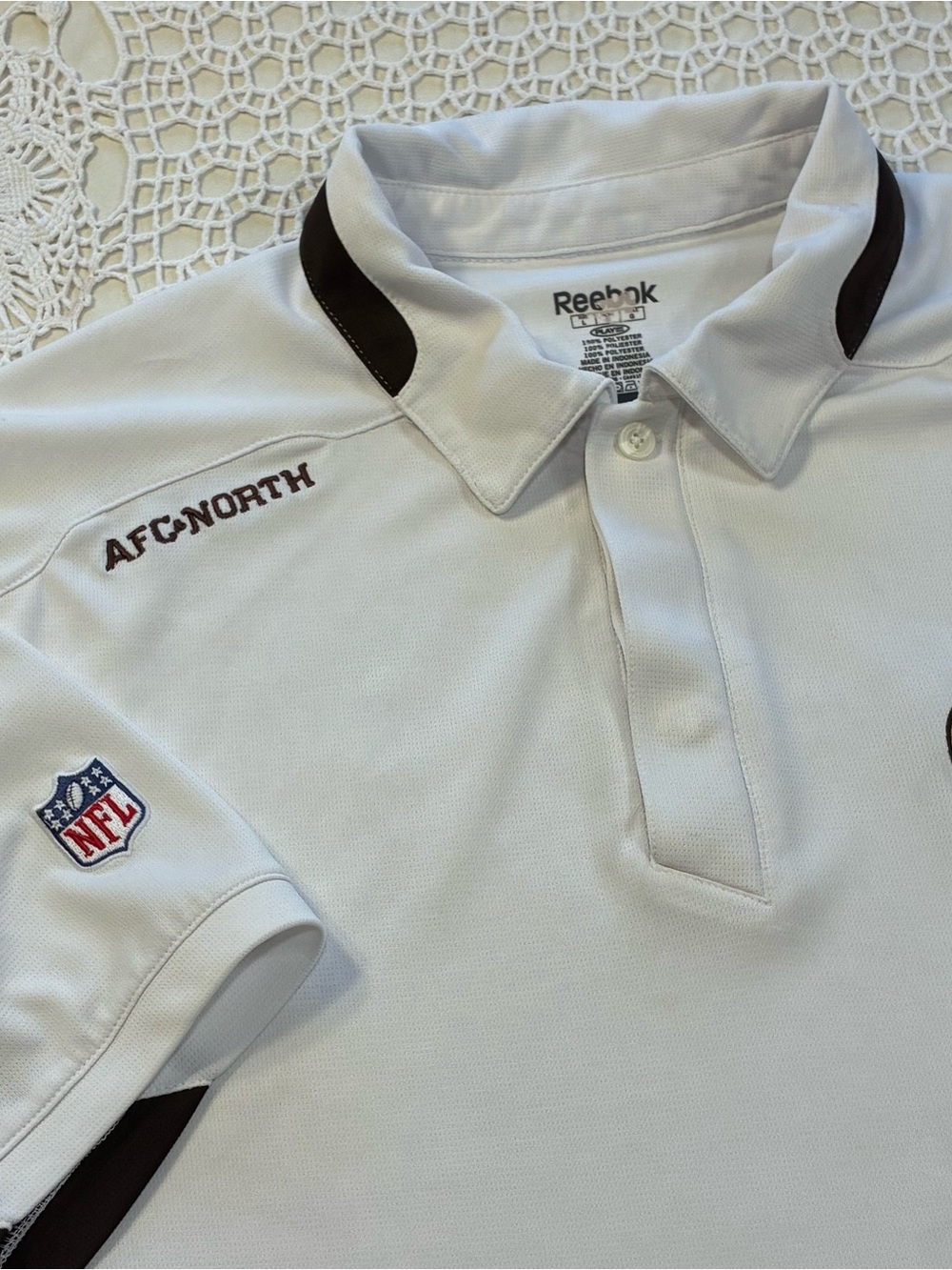 Reebok Cleveland Browns NFL Men's L White Brown Black Polo Shirt Dry Fit